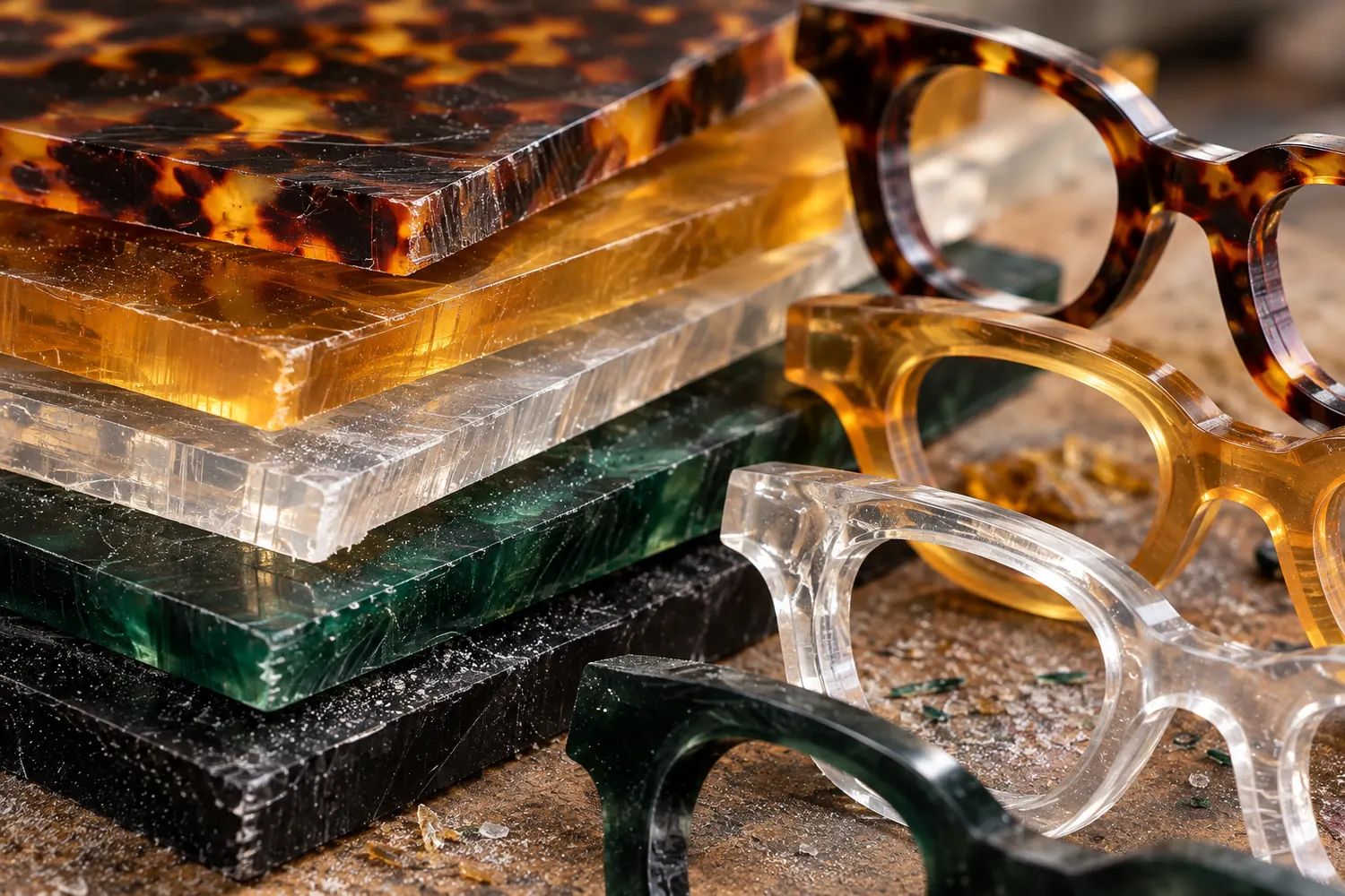 Lastre di acetato tartaruga, miele, cristallo e verde con frontali fresati