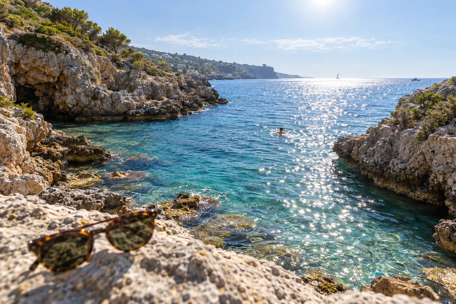 Caletta rocciosa con riflessi del sole sull'acqua vicino a Castro