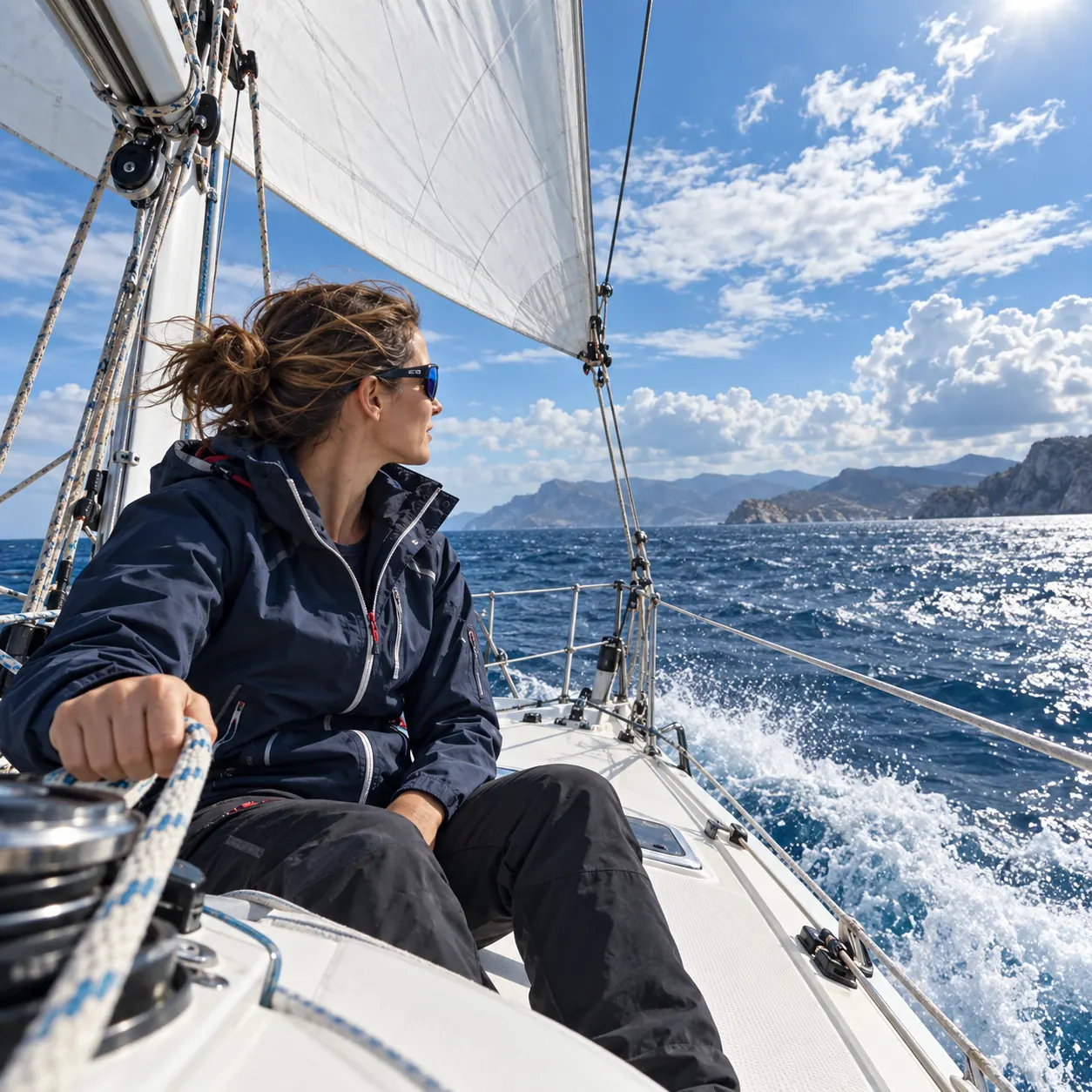 Donna con occhiali sportivi sulla prua di una barca a vela