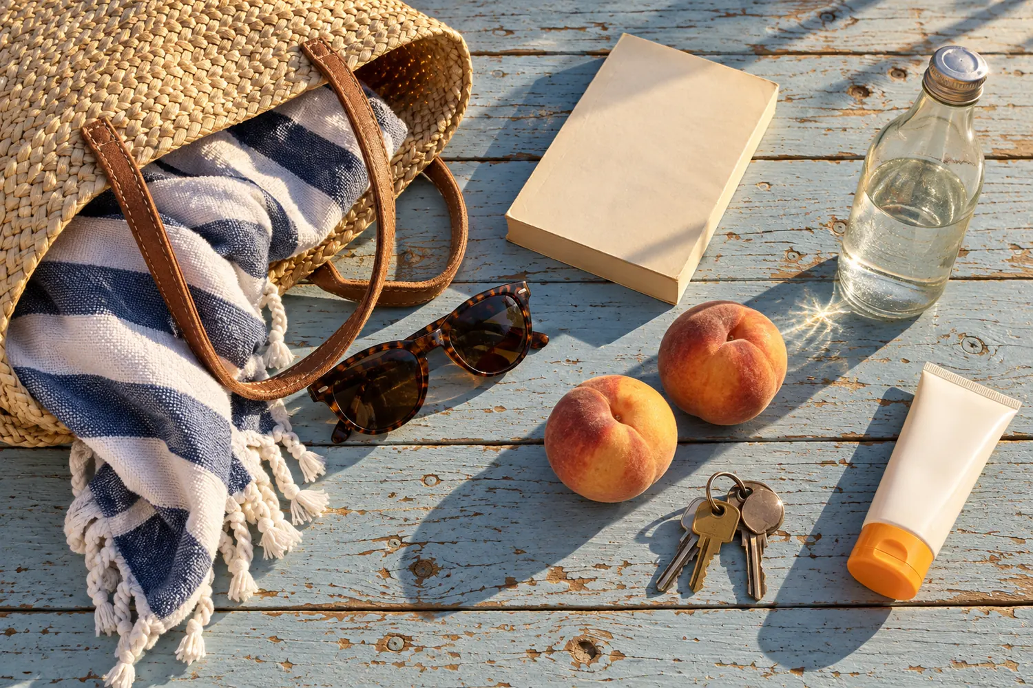 Borsa da spiaggia in paglia con occhiali tartaruga, pesche e un libro su un tavolo azzurro