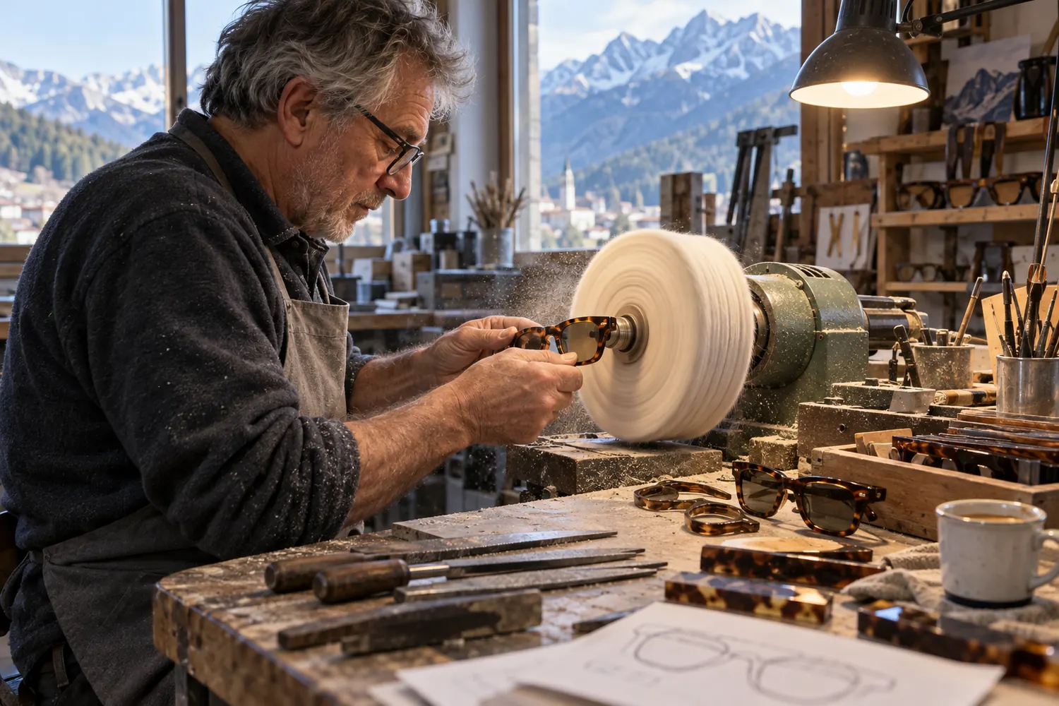 Artigiano che lucida un frontale in acetato tartaruga in un laboratorio del Cadore