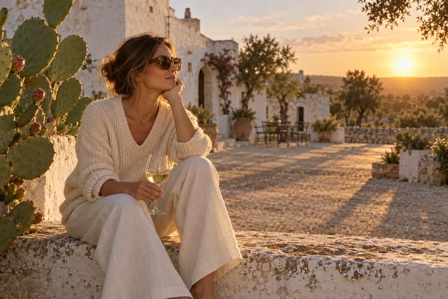 Donna con occhiali in acetato miele al tramonto in una masseria