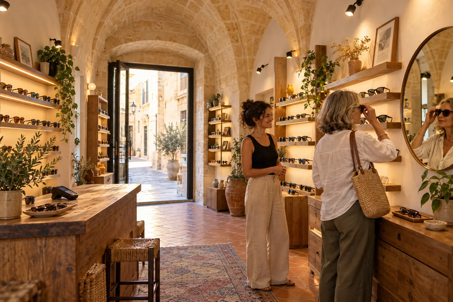 Interno del negozio Laveta a Lecce con volta in pietra leccese e scaffali in rovere