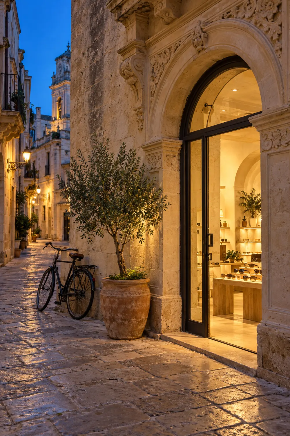 Ingresso ad arco in pietra leccese del negozio Laveta la sera